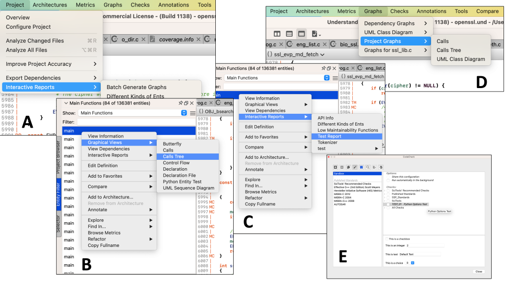 (A) Project interactive reports appear in Project -> Interactive Reports. (B) Entity and architecture graphs appear in the context menu under Graphical Views. (C) Entity and architecture interactive reports appear in the context menu under Interactive Reports. (D) Project graphs appear in Graphs -> Project Graphs. (E) CodeChecks appear in the CodeCheck configuration dialog grouped by name.