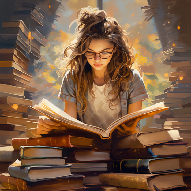 An AI-generated animated image of a woman sitting cross-legged on the floor holding an open book in her hands. She is resting her hands on a small stack of other books, each closed, and is surrounded in the background by stacks of books towering far above her head.
