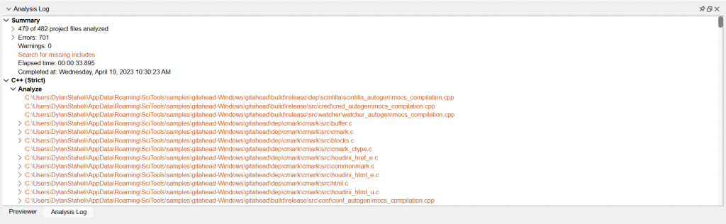 Understand's Analysis Log panel. The summary reports 479 of 482 project files analyzed, 701 errors and 0 warnings, with a link to search for missing includes. Below it, a C++ (Strict) section lists the source file paths flagged during analysis.