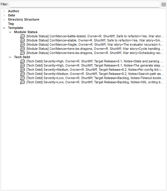The Annotation Browser grouped by template, showing Module Status and Tech Debt records.