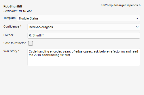 A Module Status annotation showing confidence, owner, safe to refactor, and the war story.