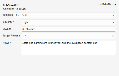 A Tech Debt annotation on a function, showing severity, owner, target release, and notes.