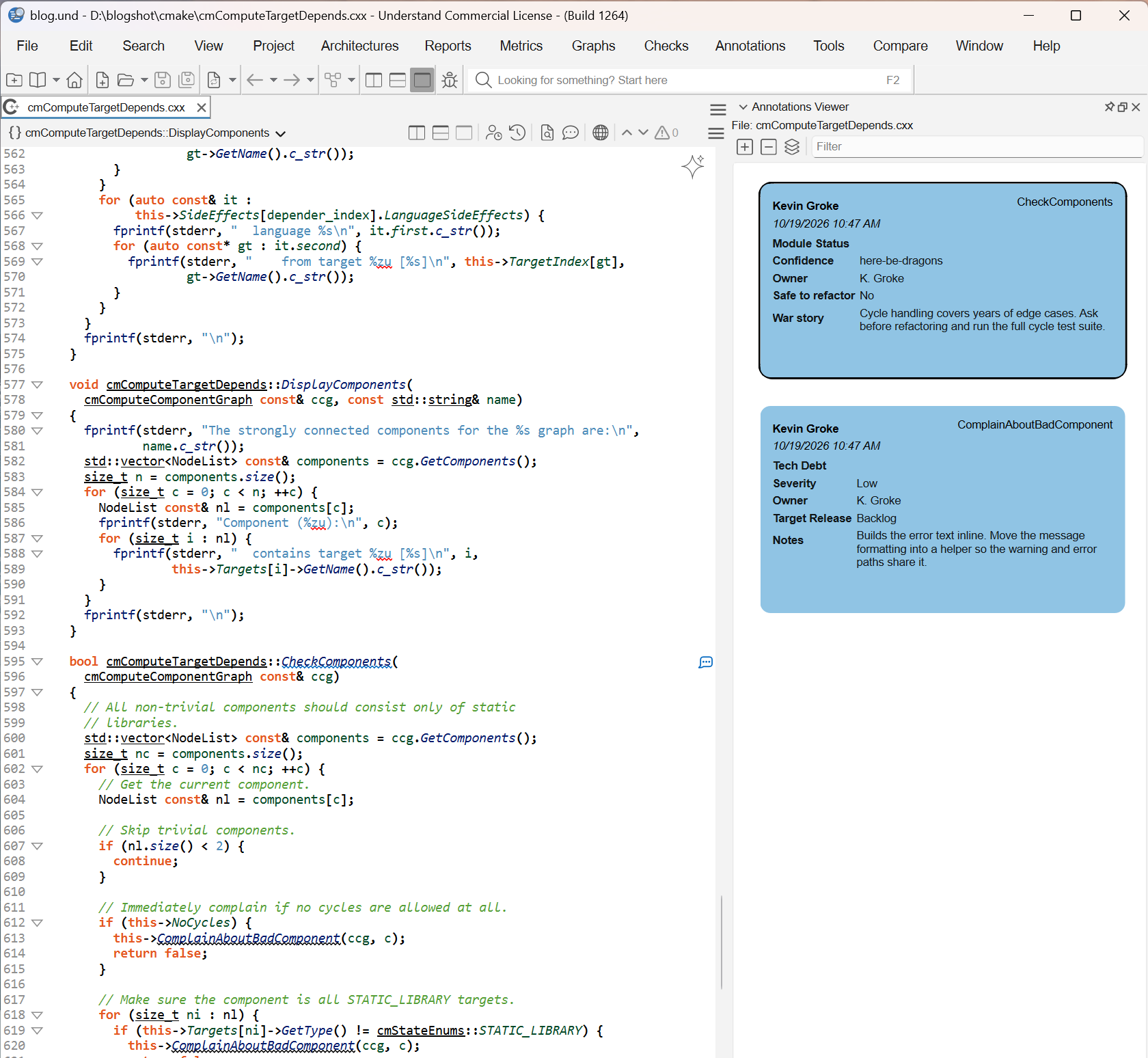 Understand's editor with an annotation icon on CheckComponents and the Annotations Viewer showing Module Status and Tech Debt cards.