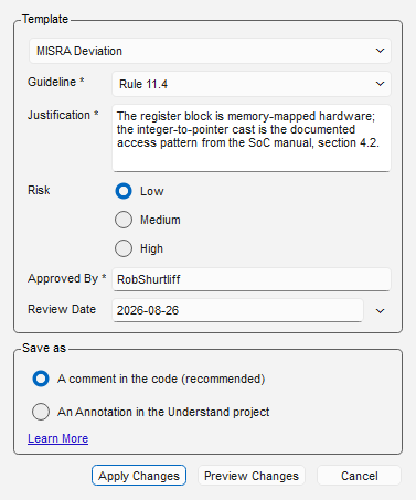 The Ignore Violations dialog with a deviation template.